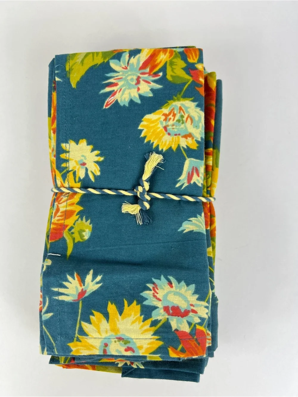 April Cornell Floral Dinner Napkins Marguerite Teal Yellow Orange 12 Pc NEW